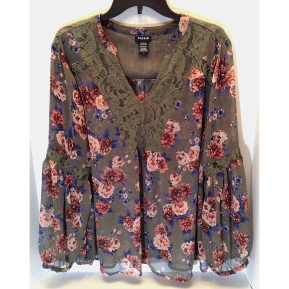Torrid Blouse Wn 2 Green Floral Top Sheer Lace Romantic Peasant Boho Cottage - Picture 1 of 12